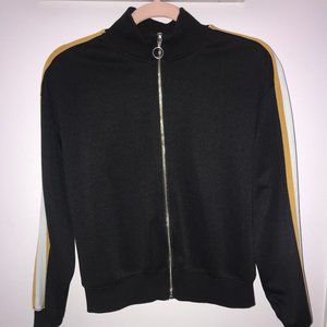 Black zip-up sweater with yellow/white stripe